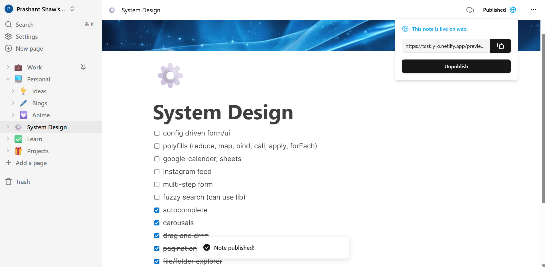 Publishing a NoteVault document to a public web page